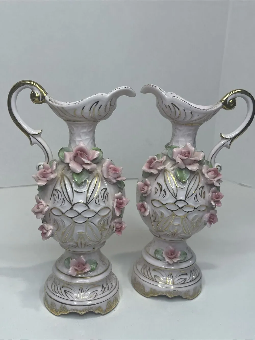 Vintage Lefton China Pink Roses Pitcher Vase Pair See Description